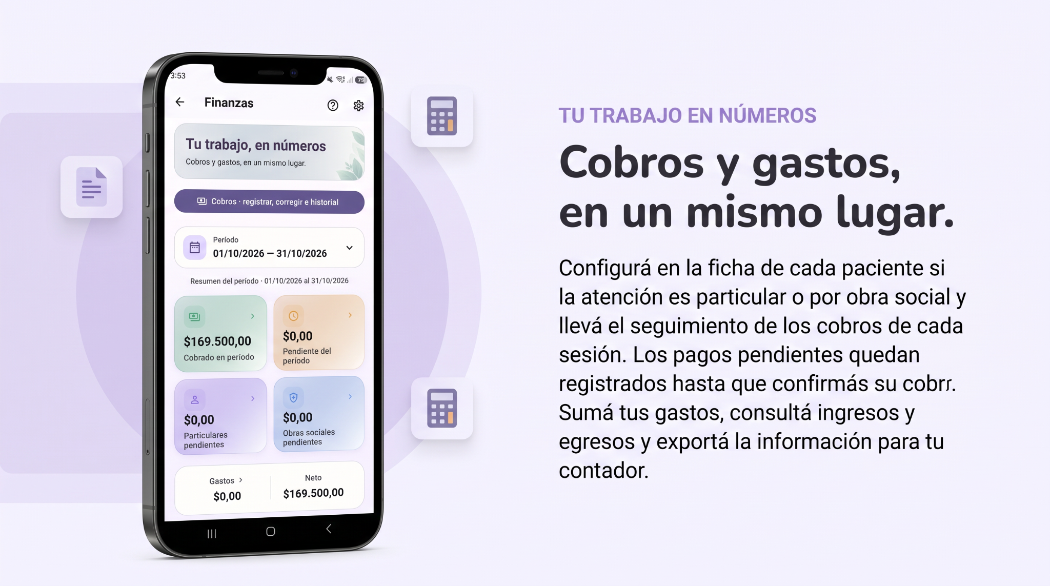 Cobros y gastos, en un mismo lugar. Configurá en la ficha de cada paciente si la atención es particular o por obra social y llevá el seguimiento de los cobros de cada sesión. Los pagos pendientes quedan registrados hasta que confirmás su cobro. Sumá tus gastos, consultá ingresos y egresos y exportá la información para tu contador.